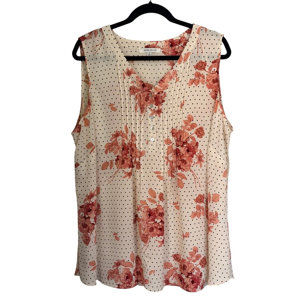 Rose + Olive Women’s 2X Floral Polka Dot Sleeveless Pintuck Tunic Blouse